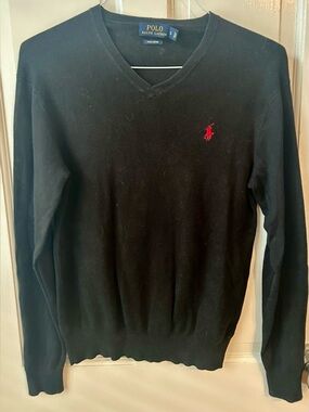 Polo by Ralph Lauren Men’s Black V-Neck Sweater with Red Pony, Size Small